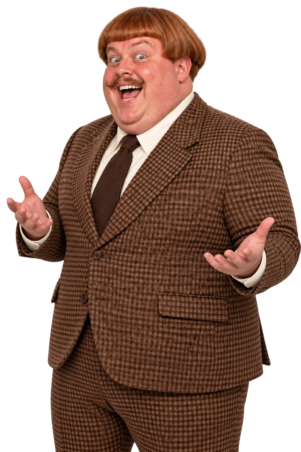 Bernard, a cheerful character in a brown checked suit